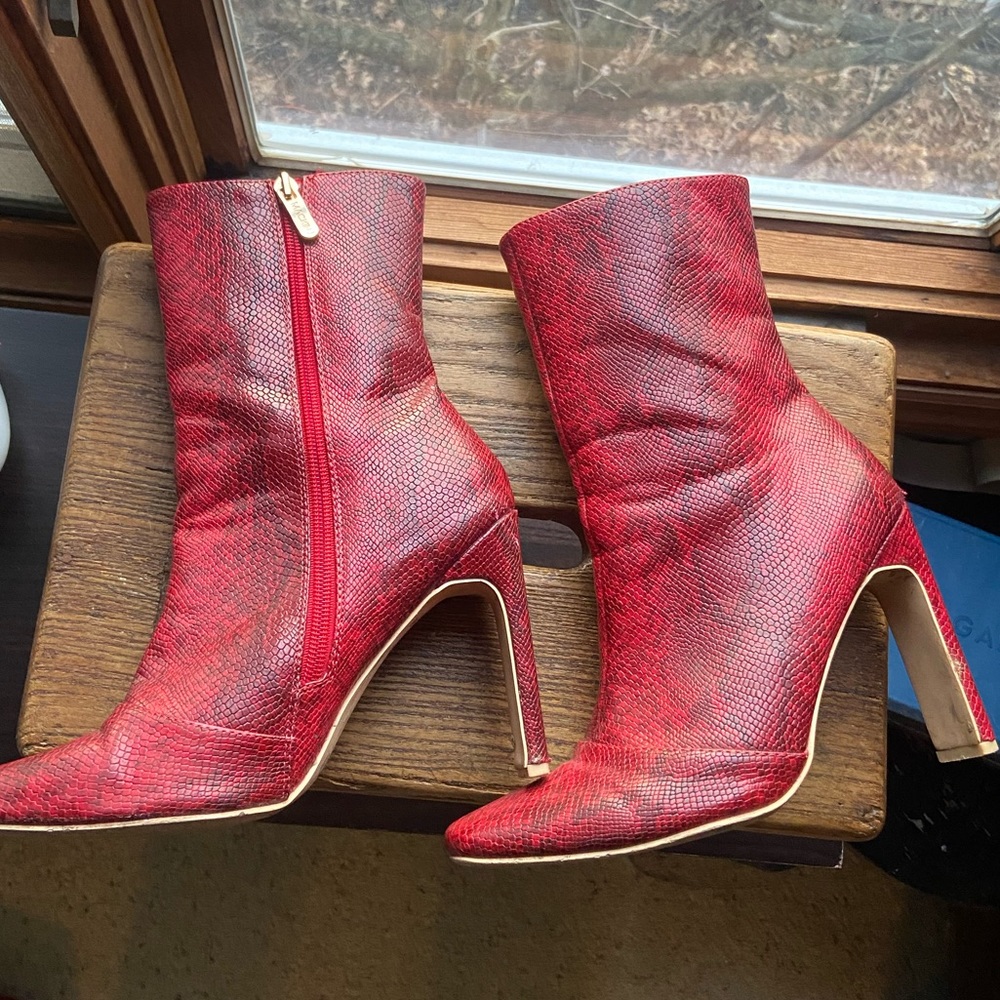 Red faux croc leather booties